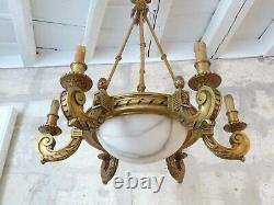 19TH Antique French 6 Arms Gilded Wood & Alabaster Chandelier Ceiling Louis XVI