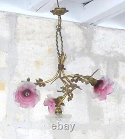 19TH Excpt French Gilded Bronze Louis XVI Chandelier 4 fires Rare Pink Shades