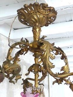 19TH Excpt Large French Gilded Bronze Louis XV Rococo Chandelier 5 fires Shades