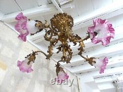 19TH Excpt Large French Gilded Bronze Louis XV Rococo Chandelier 5 fires Shades