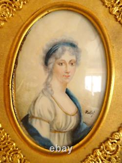 19th Antique Painting Portrait in French Louis XVI Bronze Gilt Dore Frame