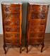 19th C. Antique French Louis Xv Walnut & Marble Top Pair Of Lingerie Chest Stand