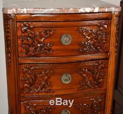 19th C. Antique French Louis XV Walnut & Marble top Pair of Lingerie chest stand