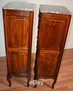 19th C. Antique French Louis XV Walnut & Marble top Pair of Lingerie chest stand