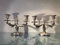 19th Century French Antique Silvered Bronze Pair of Candlesticks, Louis XV Style