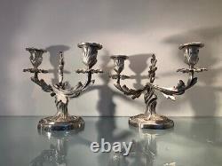 19th Century French Antique Silvered Bronze Pair of Candlesticks, Louis XV Style