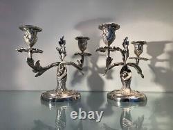 19th Century French Antique Silvered Bronze Pair of Candlesticks, Louis XV Style