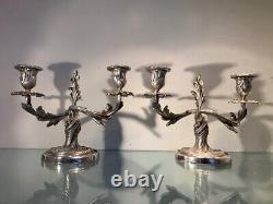 19th Century French Antique Silvered Bronze Pair of Candlesticks, Louis XV Style