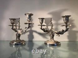 19th Century French Antique Silvered Bronze Pair of Candlesticks, Louis XV Style