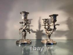 19th Century French Antique Silvered Bronze Pair of Candlesticks, Louis XV Style