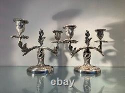 19th Century French Antique Silvered Bronze Pair of Candlesticks, Louis XV Style