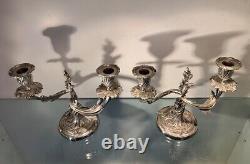 19th Century French Antique Silvered Bronze Pair of Candlesticks, Louis XV Style