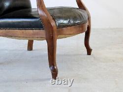 19th Century French Louis Philippe Leather & Walnut Open Armchair