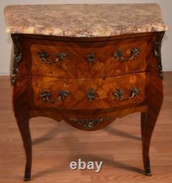 19th Century French Louis XV Walnut inlaid marble top nightstand bedside table