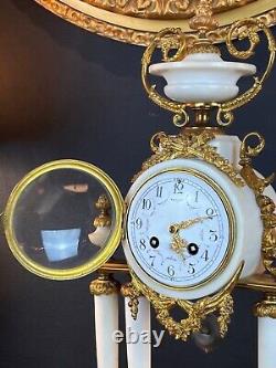19th Century French Louis XVI Style White Marble and Gilt Mantel Portico Clock