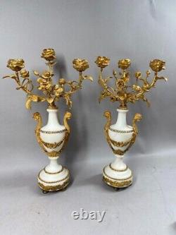 19th Century Pair of French Louis XVI White Marble and Bronze Candelabras