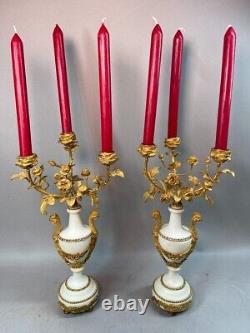 19th Century Pair of French Louis XVI White Marble and Bronze Candelabras