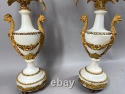 19th Century Pair of French Louis XVI White Marble and Bronze Candelabras