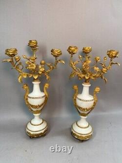 19th Century Pair of French Louis XVI White Marble and Bronze Candelabras