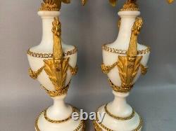 19th Century Pair of French Louis XVI White Marble and Bronze Candelabras