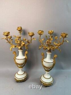 19th Century Pair of French Louis XVI White Marble and Bronze Candelabras