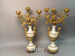 19th Century Pair of French Louis XVI White Marble and Bronze Candelabras