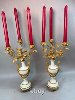 19th Century Pair of French Louis XVI White Marble and Bronze Candelabras