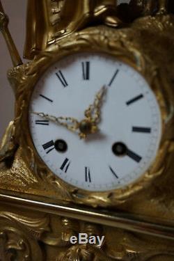 19th French Rococo style Louis Phillipe Gilt-Bronze Mantle Clock Hunting Scene