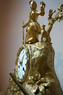 19th French Rococo style Louis Phillipe Gilt-Bronze Mantle Clock Hunting Scene