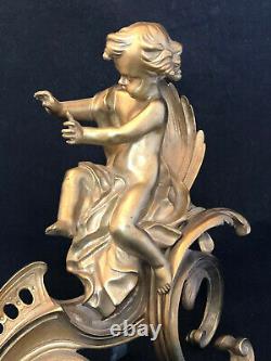 19th Style Louis XV Antique French Angel Golden Bronze Chenet à L'Amour