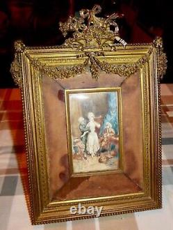 19th Superb French Painting Louise XVI Dore Bronze Picture Frame Bow & Wreath