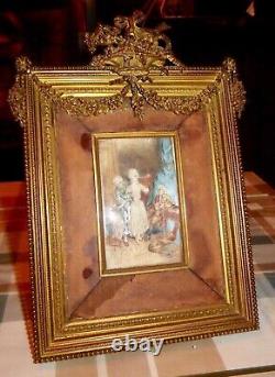 19th Superb French Painting Louise XVI Dore Bronze Picture Frame Bow & Wreath