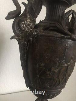 19th c. Emile Louis Picault Pair of Bronze Empire Urns Marble 44.5cm