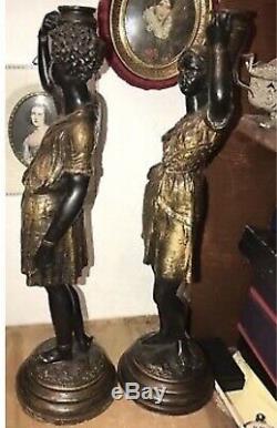 2 Antique BlackMoor French Cold Painted Bronze Arab Candlestick By Louis Hattot