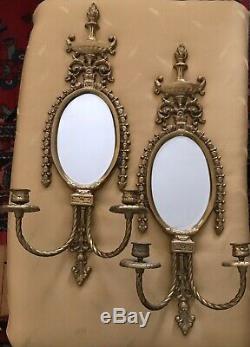 2 Antique LOUIS XVI French Cast Brass Urn Parlor Mirror Candle Wall Sconce