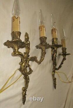2 Vintage French Louis XV Style Brass Wall Sconces Lights Wall Fixtures New Wire