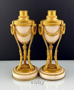 2Antique French Louis XVI Style Bronze Ormolu Alabaster Cassolettes Candlesticks