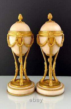 2Antique French Louis XVI Style Bronze Ormolu Alabaster Cassolettes Candlesticks