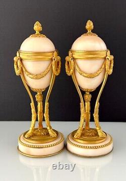 2Antique French Louis XVI Style Bronze Ormolu Alabaster Cassolettes Candlesticks