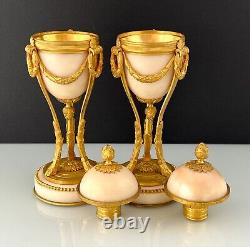 2Antique French Louis XVI Style Bronze Ormolu Alabaster Cassolettes Candlesticks