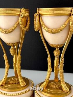 2Antique French Louis XVI Style Bronze Ormolu Alabaster Cassolettes Candlesticks