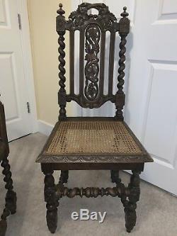 3 Dining Chairs French 19th Century Louis XIII Carved Oak Carolean Caned Seats