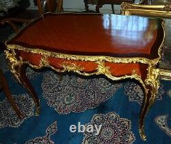 A Louis XV French Style Bronze Gilt Mounted Parquetry Inlaid Bureau Plat &drawer