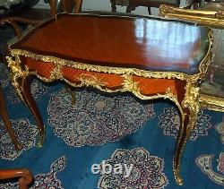 A Louis XV French Style Bronze Gilt Mounted Parquetry Inlaid Bureau Plat &drawer