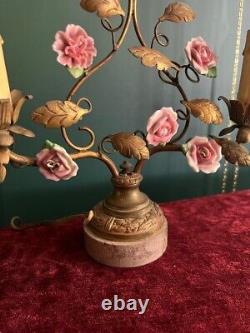 A pair of Antique Brass and Porcelain French Louis XV Style Table Lamps