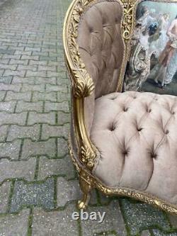 A pair of two French Louis XVI Style Corbeille Sofa/ Marquises/ Loveseats in tan