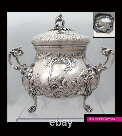 ANTIQUE 1880s FRENCH STERLING SILVER SUGAR BOWL Louis XV style Minerva 950/1000