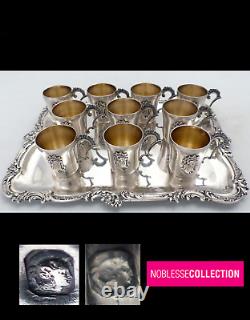 ANTIQUE 1890s FRENCH ALL STERLING SILVER SHOT CUPS & TRAY LIQUOR SET OF 11 pcs