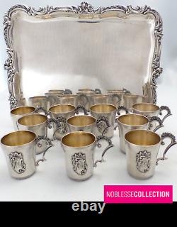 ANTIQUE 1890s FRENCH ALL STERLING SILVER SHOT CUPS & TRAY LIQUOR SET OF 11 pcs
