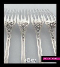 ANTIQUE 1900s FRENCH STERLING SILVER DINNER FORKS FLATWARE SET 6 pc Louis XVI st